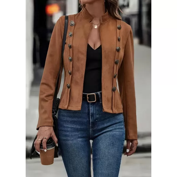 chouyatou Womens Faux Suede Leather Jacket 2024 Fall Winter Clothes Casual Business Long Sleeve Blazer Jacket CoatBrown