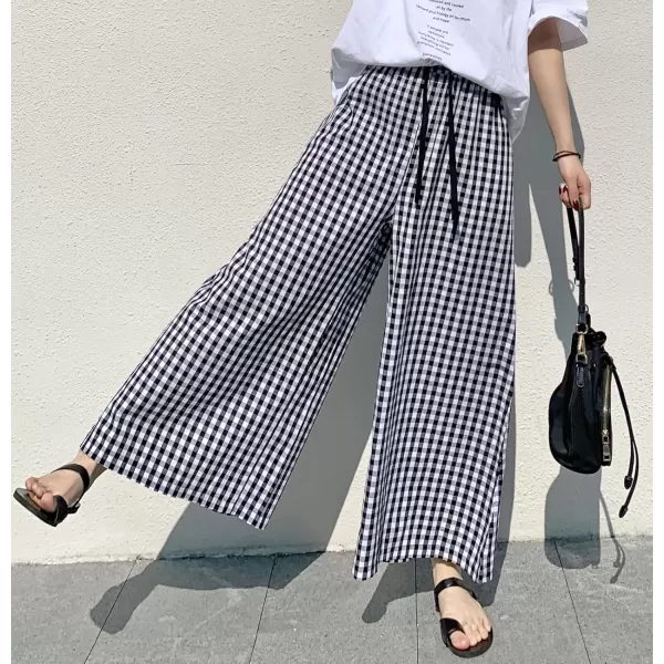 chouyatou Womens Plaid Wide Leg Culotte Pants Gingham High Elastic Waisted Cropped Palazzo Pants with PocketsBlack