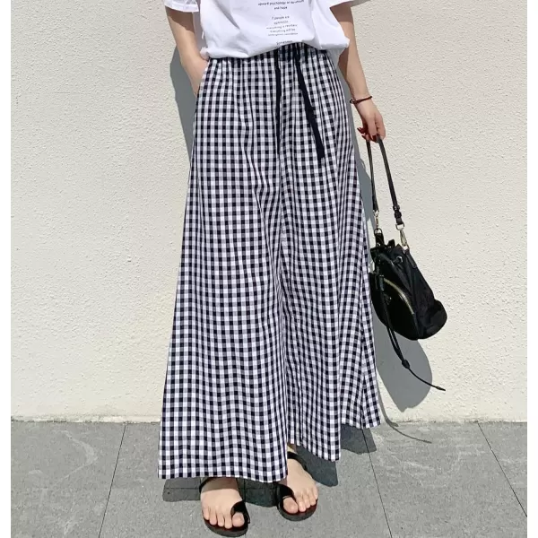 chouyatou Womens Plaid Wide Leg Culotte Pants Gingham High Elastic Waisted Cropped Palazzo Pants with PocketsBlack