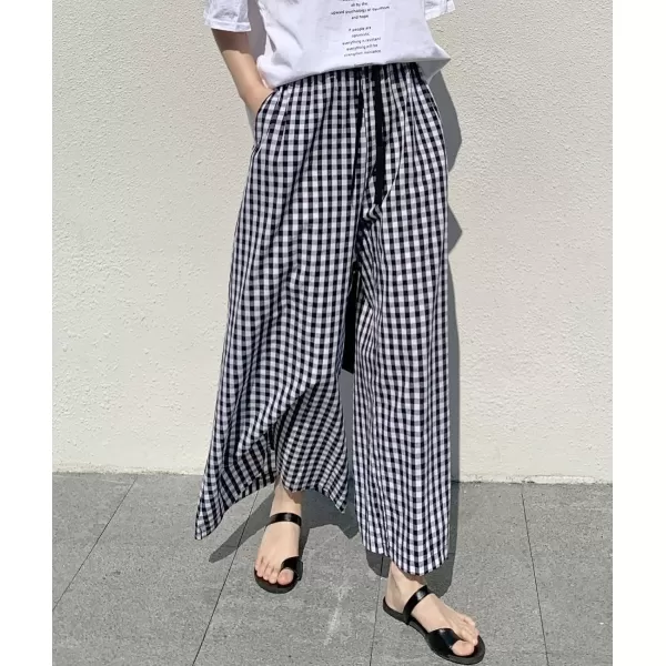 chouyatou Womens Plaid Wide Leg Culotte Pants Gingham High Elastic Waisted Cropped Palazzo Pants with PocketsBlack