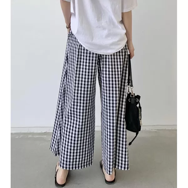 chouyatou Womens Plaid Wide Leg Culotte Pants Gingham High Elastic Waisted Cropped Palazzo Pants with PocketsBlack