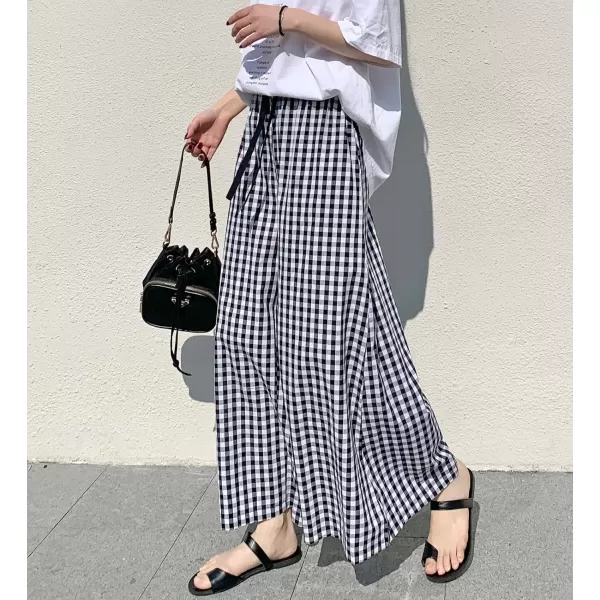 chouyatou Womens Plaid Wide Leg Culotte Pants Gingham High Elastic Waisted Cropped Palazzo Pants with PocketsBlack