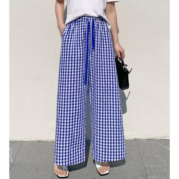 chouyatou Womens Plaid Wide Leg Culotte Pants Gingham High Elastic Waisted Cropped Palazzo Pants with PocketsBlue