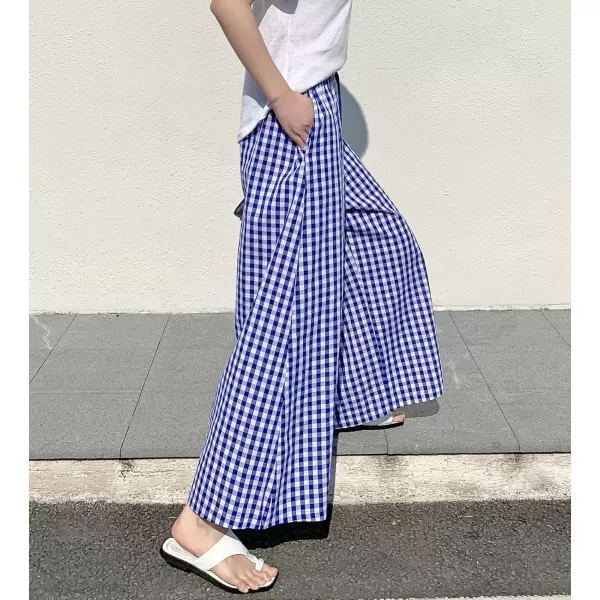 chouyatou Womens Plaid Wide Leg Culotte Pants Gingham High Elastic Waisted Cropped Palazzo Pants with PocketsBlue