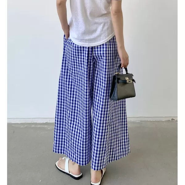 chouyatou Womens Plaid Wide Leg Culotte Pants Gingham High Elastic Waisted Cropped Palazzo Pants with PocketsBlue