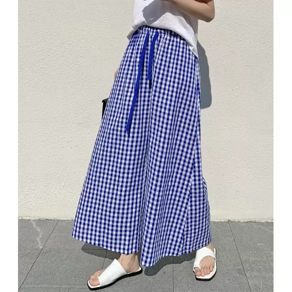 chouyatou Womens Plaid Wide Leg Culotte Pants Gingham High Elastic Waisted Cropped Palazzo Pants with PocketsBlue