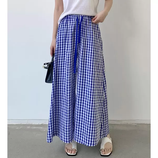 chouyatou Womens Plaid Wide Leg Culotte Pants Gingham High Elastic Waisted Cropped Palazzo Pants with PocketsBlue