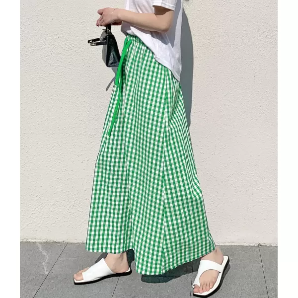 chouyatou Womens Plaid Wide Leg Culotte Pants Gingham High Elastic Waisted Cropped Palazzo Pants with PocketsGreen