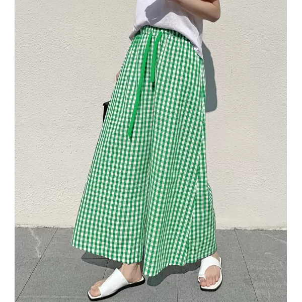 chouyatou Womens Plaid Wide Leg Culotte Pants Gingham High Elastic Waisted Cropped Palazzo Pants with PocketsGreen