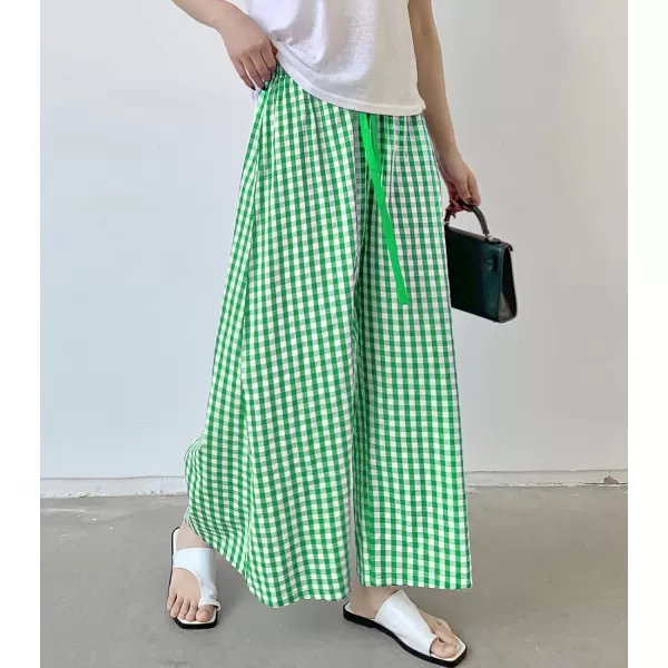 chouyatou Womens Plaid Wide Leg Culotte Pants Gingham High Elastic Waisted Cropped Palazzo Pants with PocketsGreen