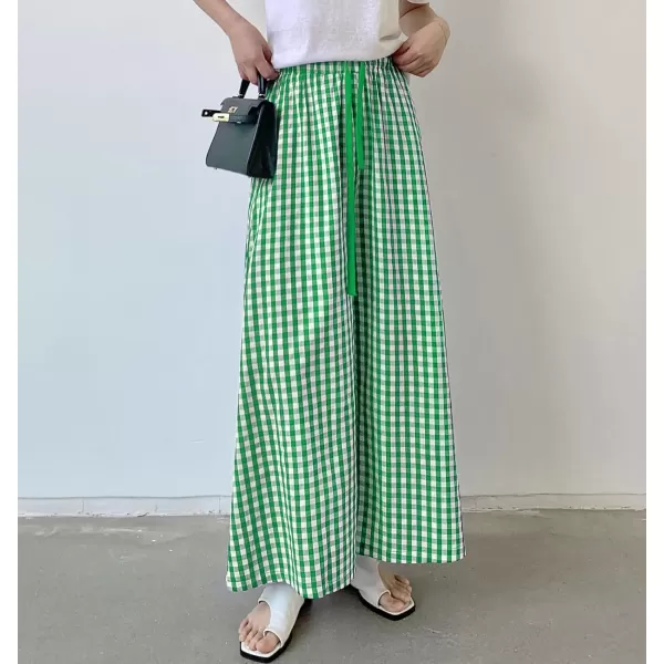 chouyatou Womens Plaid Wide Leg Culotte Pants Gingham High Elastic Waisted Cropped Palazzo Pants with PocketsGreen
