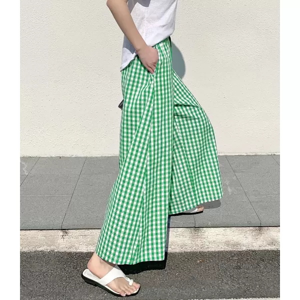 chouyatou Womens Plaid Wide Leg Culotte Pants Gingham High Elastic Waisted Cropped Palazzo Pants with PocketsGreen