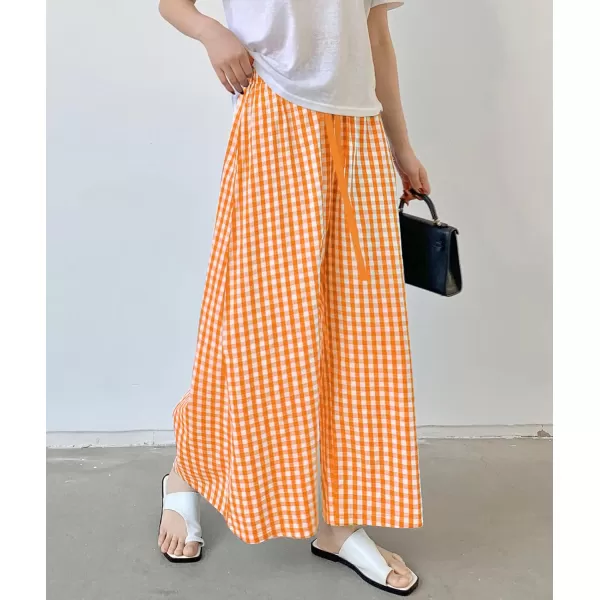 chouyatou Womens Plaid Wide Leg Culotte Pants Gingham High Elastic Waisted Cropped Palazzo Pants with PocketsOrange