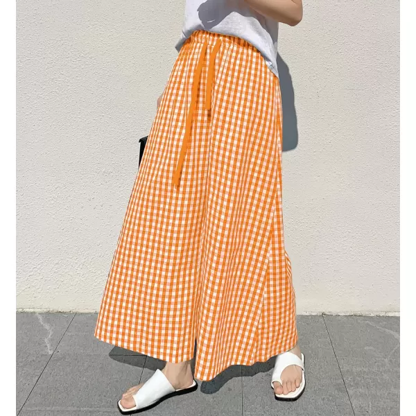 chouyatou Womens Plaid Wide Leg Culotte Pants Gingham High Elastic Waisted Cropped Palazzo Pants with PocketsOrange