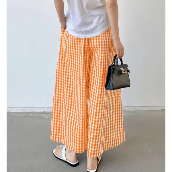 chouyatou Womens Plaid Wide Leg Culotte Pants Gingham High Elastic Waisted Cropped Palazzo Pants with PocketsOrange