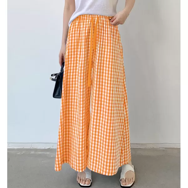 chouyatou Womens Plaid Wide Leg Culotte Pants Gingham High Elastic Waisted Cropped Palazzo Pants with PocketsOrange
