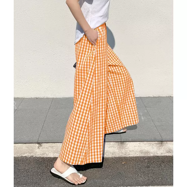 chouyatou Womens Plaid Wide Leg Culotte Pants Gingham High Elastic Waisted Cropped Palazzo Pants with PocketsOrange