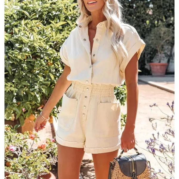 chouyatou Womens Short Cuffed Sleeve Utility Rompers Elastic Waist Button Down Cotton Pocketed JumpsuitBeige