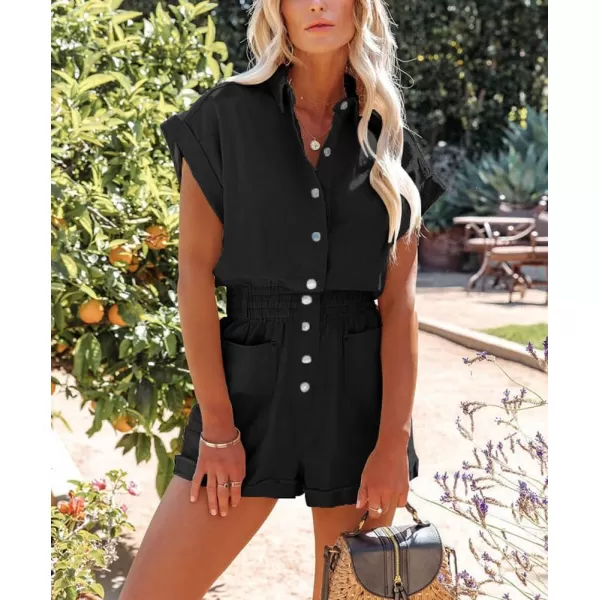 chouyatou Womens Short Cuffed Sleeve Utility Rompers Elastic Waist Button Down Cotton Pocketed JumpsuitBlack