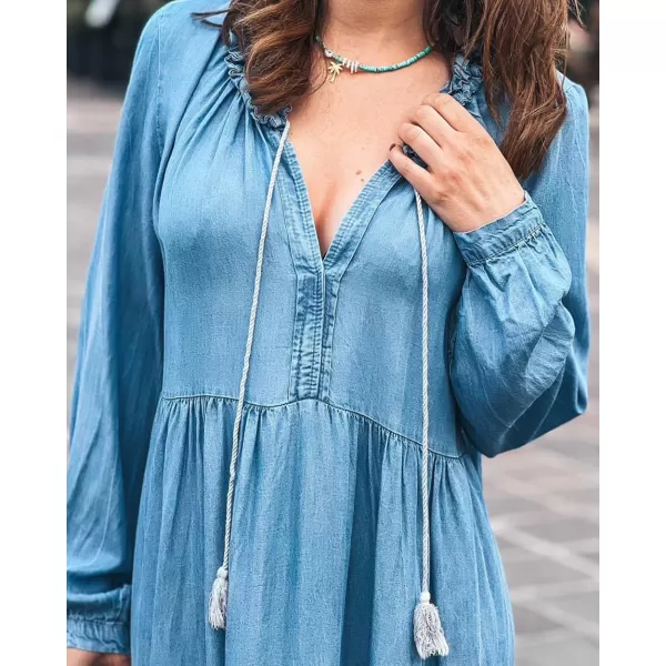 chouyatou Womens Spring Long Sleeeve Tiered Denim Dress Summer Flowy ALine Maxi Long Tunic DressBlue