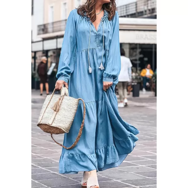 chouyatou Womens Spring Long Sleeeve Tiered Denim Dress Summer Flowy ALine Maxi Long Tunic DressBlue