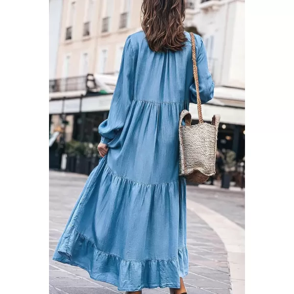 chouyatou Womens Spring Long Sleeeve Tiered Denim Dress Summer Flowy ALine Maxi Long Tunic DressBlue
