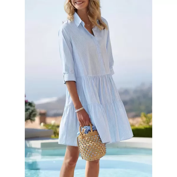 chouyatou Womens Striped Button Down Shirt Dress Loose Casual Cuffed Sleeve Tiered Mini Tunic DressBlue