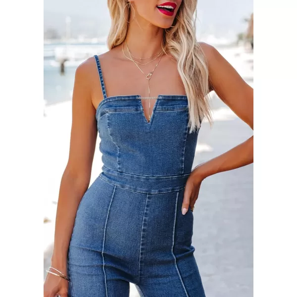 chouyatou Womens Vintage Distressed Adjustable Strap Denim Overalls Stretchy Sleeveless Jumpsuit Jeans PantsBlue