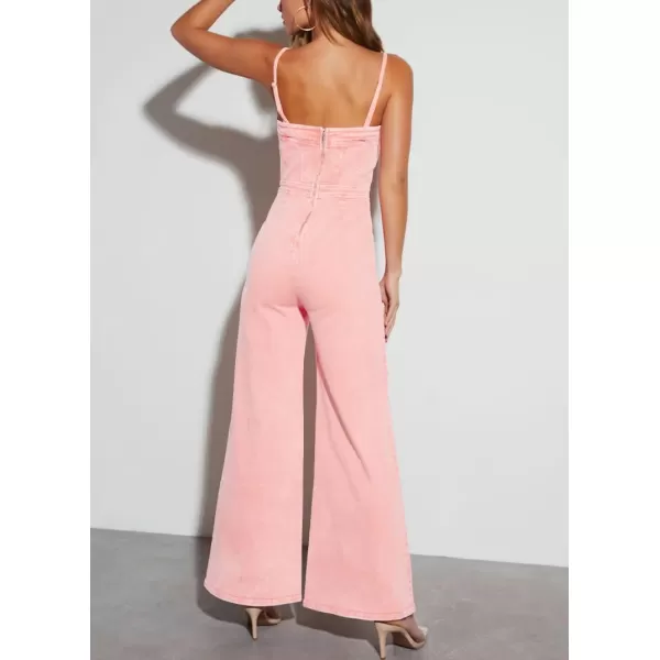chouyatou Womens Vintage Distressed Adjustable Strap Denim Overalls Stretchy Sleeveless Jumpsuit Jeans PantsHot Pink