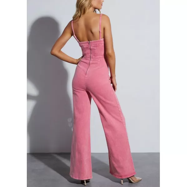 chouyatou Womens Vintage Distressed Adjustable Strap Denim Overalls Stretchy Sleeveless Jumpsuit Jeans PantsRose Red