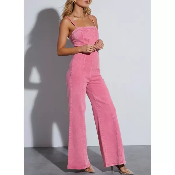 chouyatou Womens Vintage Distressed Adjustable Strap Denim Overalls Stretchy Sleeveless Jumpsuit Jeans PantsRose Red