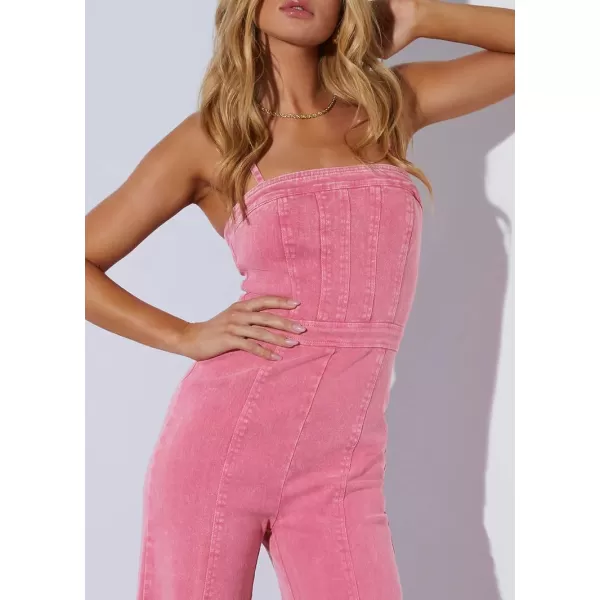 chouyatou Womens Vintage Distressed Adjustable Strap Denim Overalls Stretchy Sleeveless Jumpsuit Jeans PantsRose Red