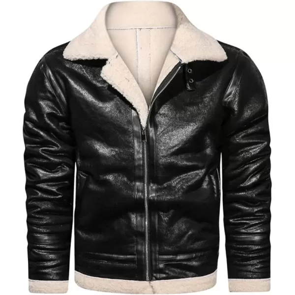chouyatou Mens Casual Lapel Collar Full Zip Slim Thicked Sherpa Lined Warmth Faux Suede Leather Biker JacketBlack