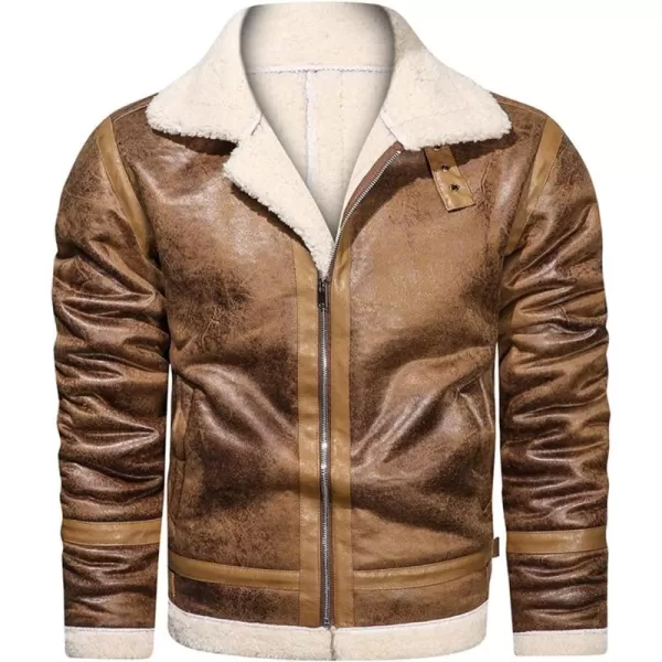 chouyatou Mens Casual Lapel Collar Full Zip Slim Thicked Sherpa Lined Warmth Faux Suede Leather Biker JacketBrown
