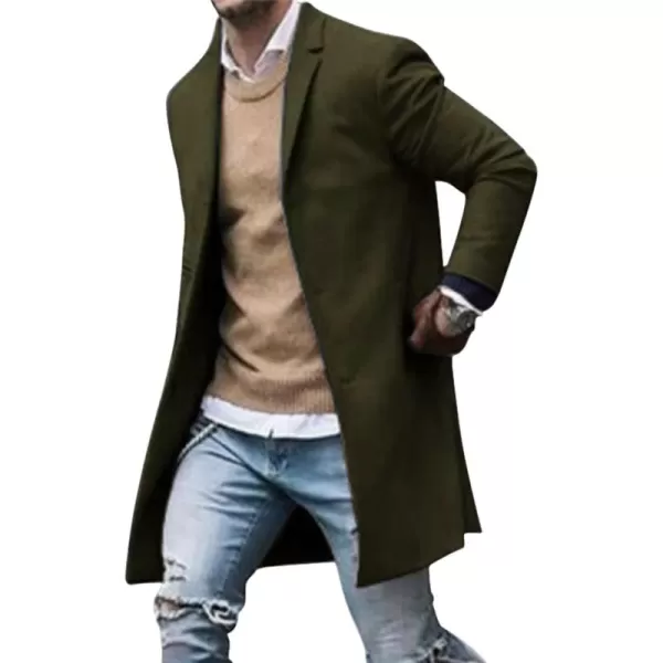 chouyatou Mens Classic Notched Collar Business Top Coat Slim Fit Wool MidLength Trench Pea CoatArmy Green