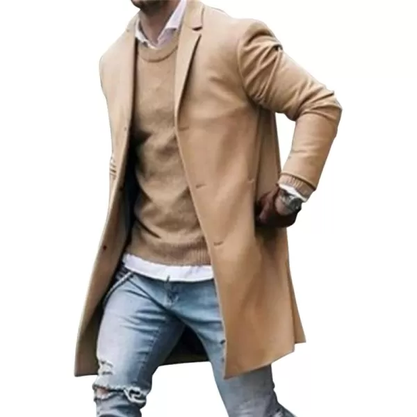 chouyatou Mens Classic Notched Collar Business Top Coat Slim Fit Wool MidLength Trench Pea CoatCamel