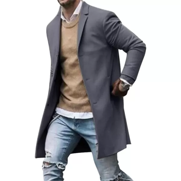 chouyatou Mens Classic Notched Collar Business Top Coat Slim Fit Wool MidLength Trench Pea CoatGrey