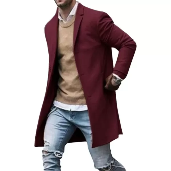 chouyatou Mens Classic Notched Collar Business Top Coat Slim Fit Wool MidLength Trench Pea CoatWine Red