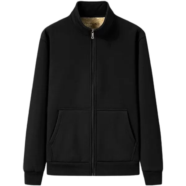chouyatou Mens Fall Winter Stand Collar Zip Up Sherpa Lined Jersey Knit Sweatshirt JacketBlack