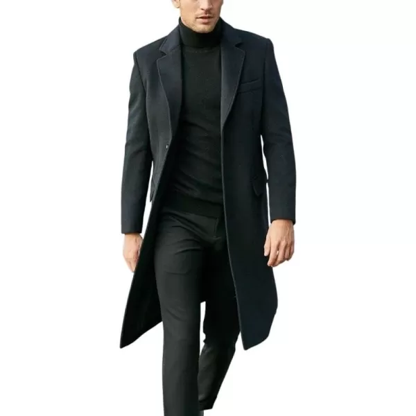 chouyatou Mens Notched Lapel Single Breasted Business Office Wool Trench Coat OvercoatBlack