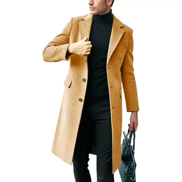 chouyatou Mens Notched Lapel Single Breasted Business Office Wool Trench Coat OvercoatCamel
