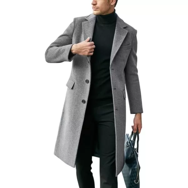 chouyatou Mens Notched Lapel Single Breasted Business Office Wool Trench Coat OvercoatGray