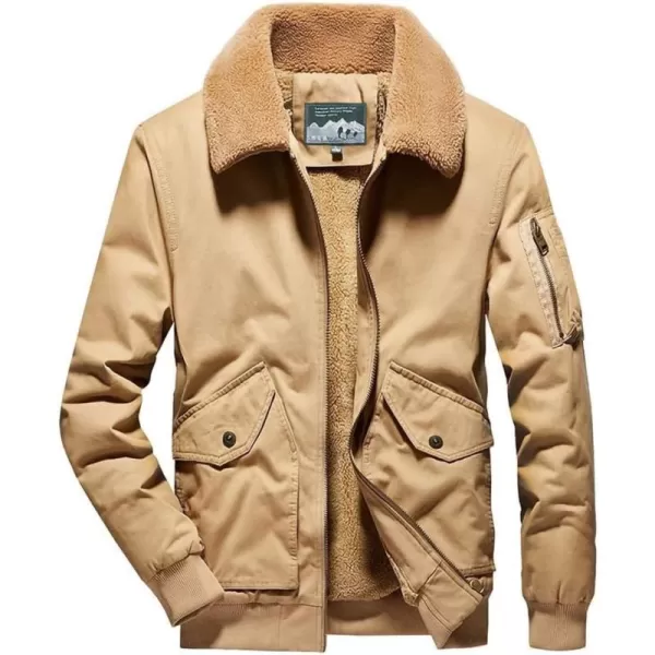 chouyatou Mens Retro Warm Long Sleeve Sherpa Lined Winter Aviator Bomber Jacket CoatKhaki