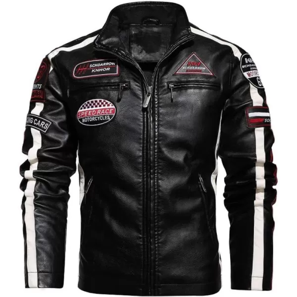 chouyatou Mens Thermal Fleece Lined Patchwork Moto Racer Faux Leather JacketBlack