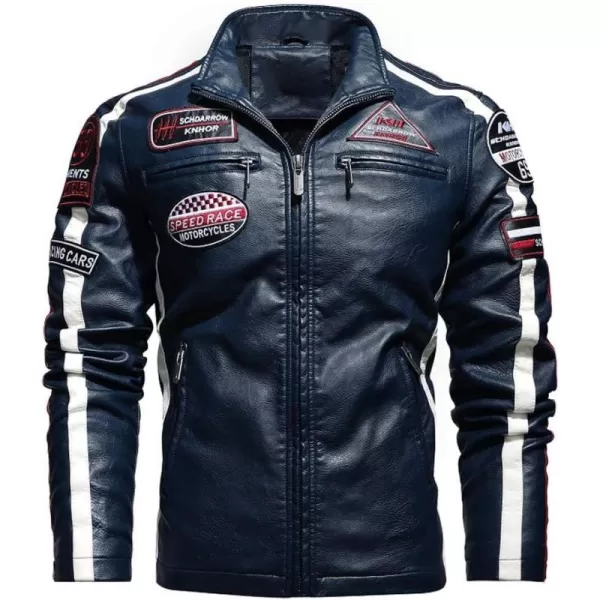 chouyatou Mens Thermal Fleece Lined Patchwork Moto Racer Faux Leather JacketDark Blue