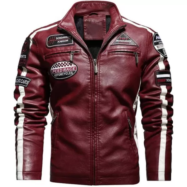 chouyatou Mens Thermal Fleece Lined Patchwork Moto Racer Faux Leather JacketRed