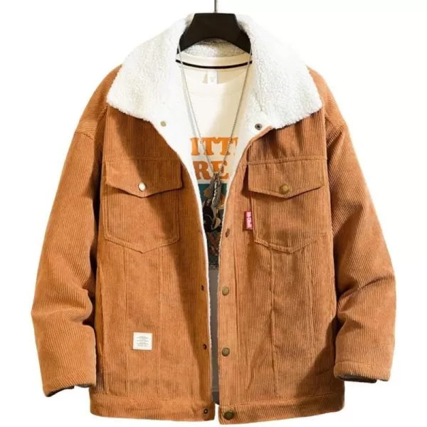chouyatou Mens Vintage Lapel Sherpa Lined Button Down Corduroy Trucker JacketCoffee