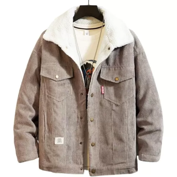 chouyatou Mens Vintage Lapel Sherpa Lined Button Down Corduroy Trucker JacketGray