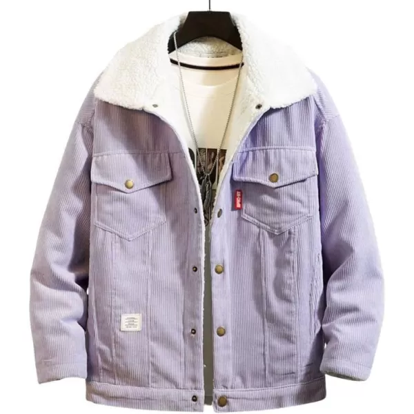 chouyatou Mens Vintage Lapel Sherpa Lined Button Down Corduroy Trucker JacketPurple