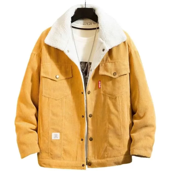 chouyatou Mens Vintage Lapel Sherpa Lined Button Down Corduroy Trucker JacketYellow